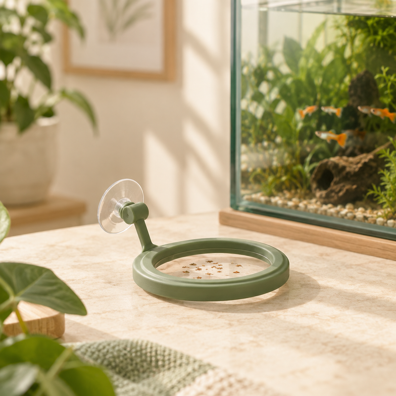 Anneau de nourrissage PAWVIA pour aquarium dans un décor beige et vert