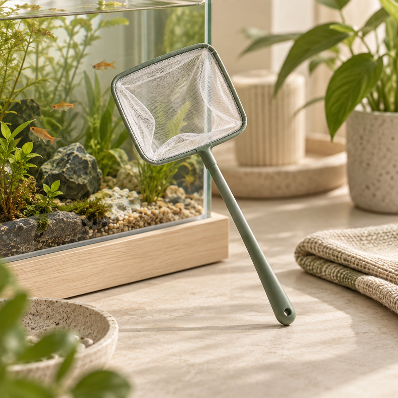 Épuisette compacte PAWVIA pour aquarium dans un intérieur naturel