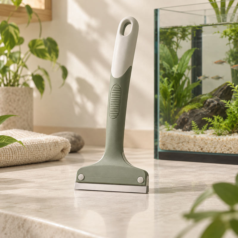 Scraper anti-algues PAWVIA pour aquarium dans un intérieur aux tons naturels