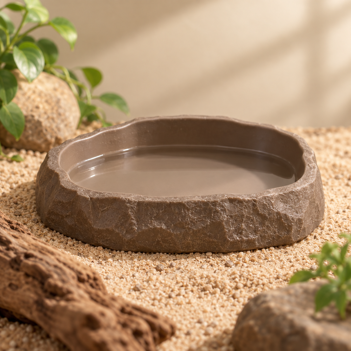 Bassin compact PAWVIA pour reptiles dans un terrarium aux tons naturels
