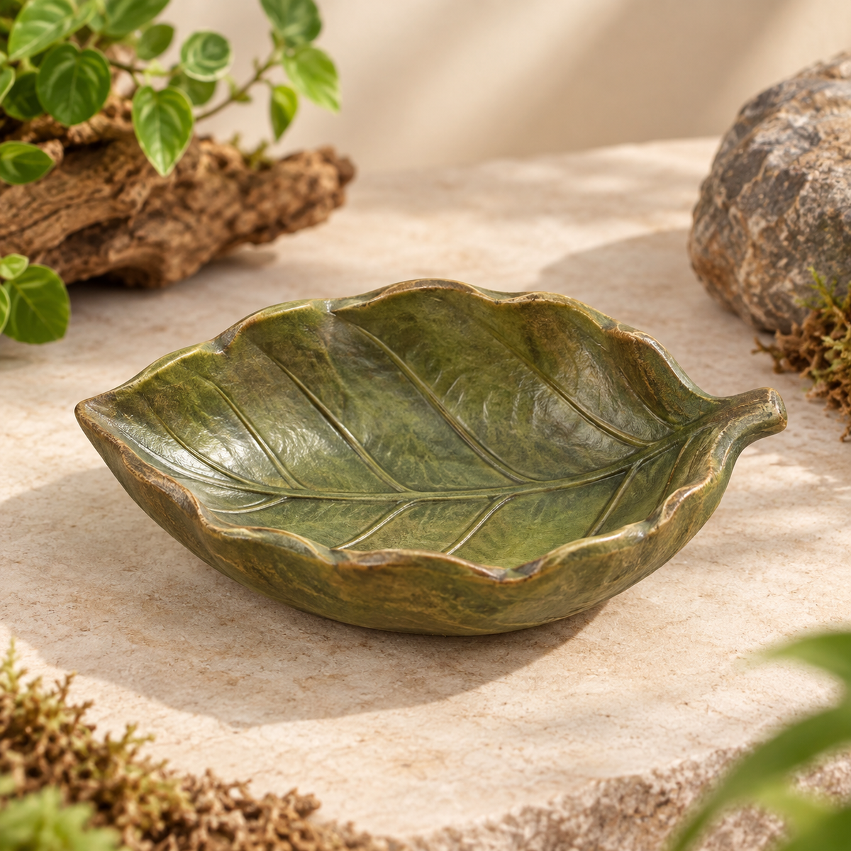 Coupelle feuille PAWVIA pour terrarium dans un décor naturel beige et vert