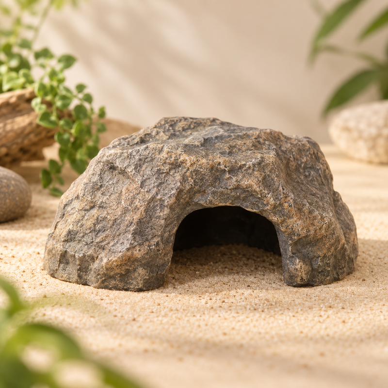 Grotte refuge compacte PAWVIA pour reptiles dans un décor de terrarium chaleureux