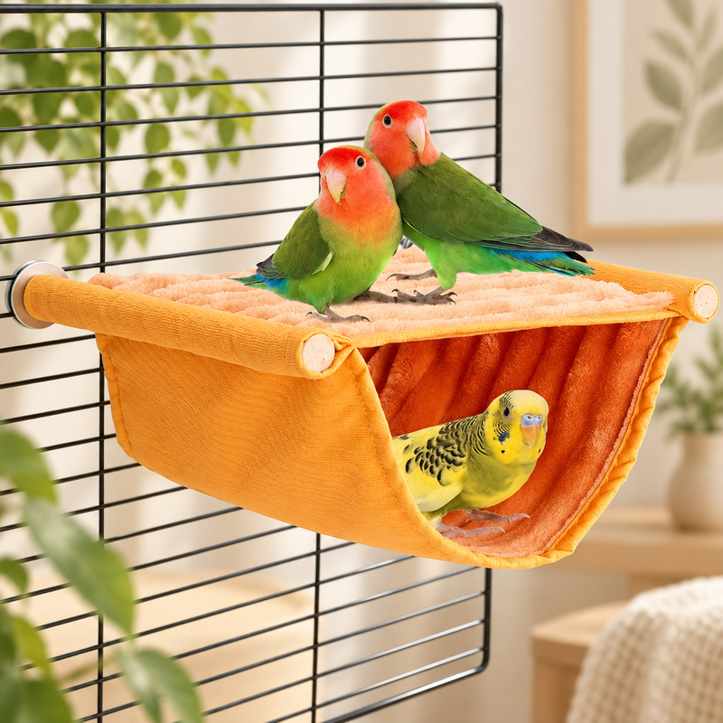 Hamac suspendu orange pour oiseaux fixé à une cage