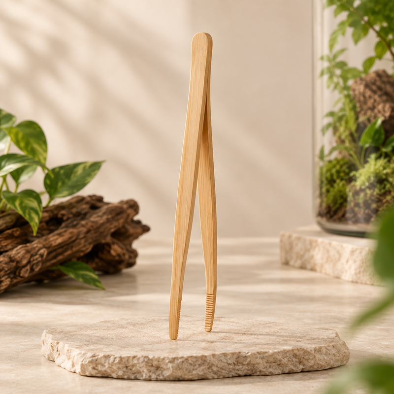 Pince en bambou PAWVIA pour terrarium sur fond crème et vert sauge
